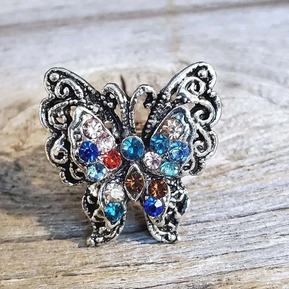 Y2K 90s Vintage Multicolor Crystal Butterfly  Adjustable Cocktail Ring